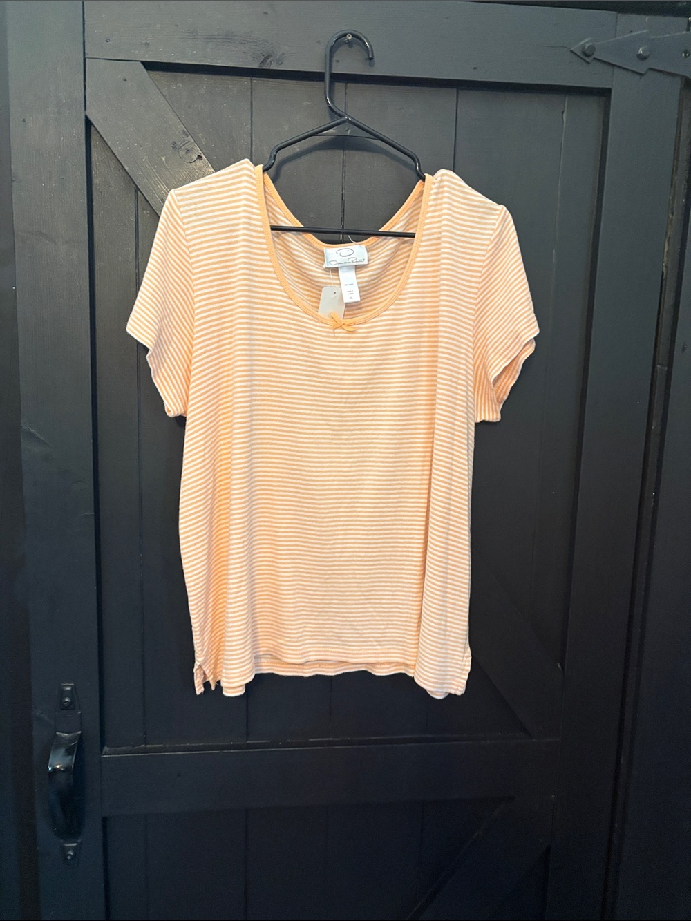 Oscar de la Renta Peach and White Striped Short Sleeve Scoop Neck Tee